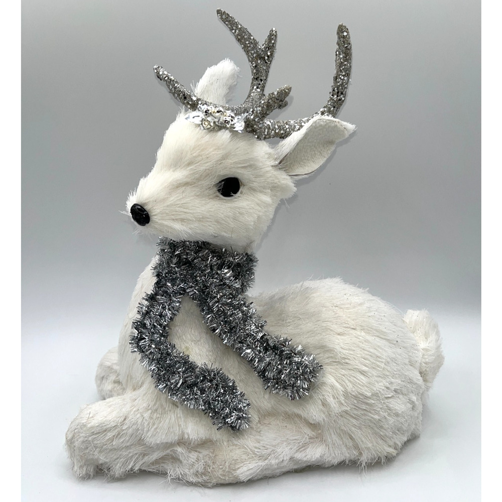 WHITE CHRISTMAS DEER GLITTER SILVER ANTLERS POINSETTIA HAT SILVER SCARF 11 INCH